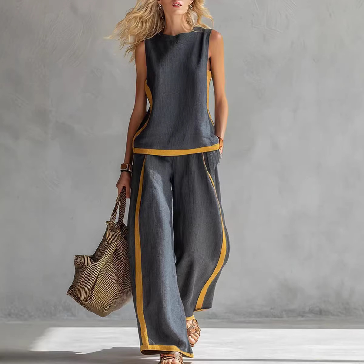 Linen Pant Wide - Damskie lniane komplety dwuczęściowe, blok kolorów,