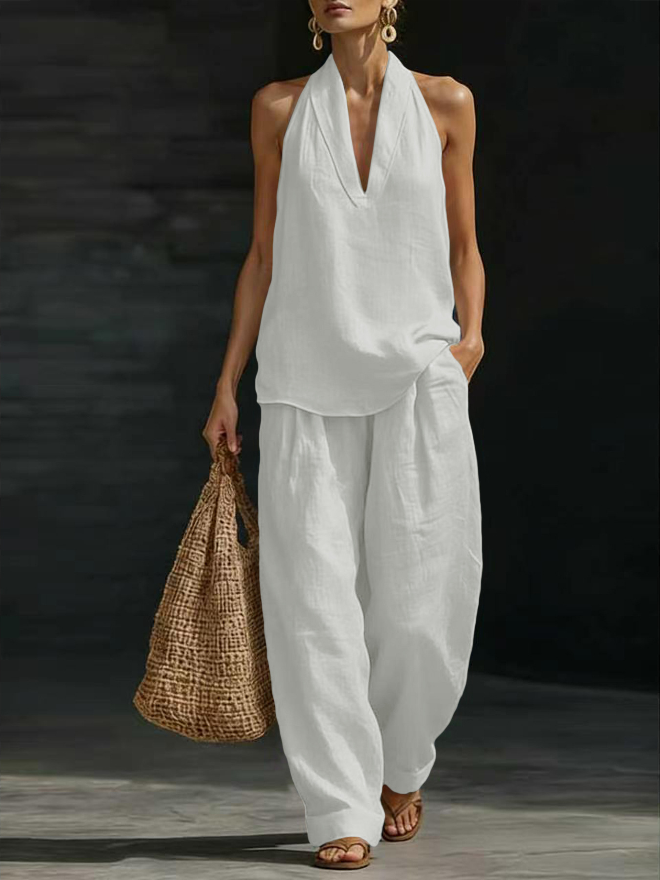 Linen Pant Wide - Damski lniany komplet dwuczęściowy: top na