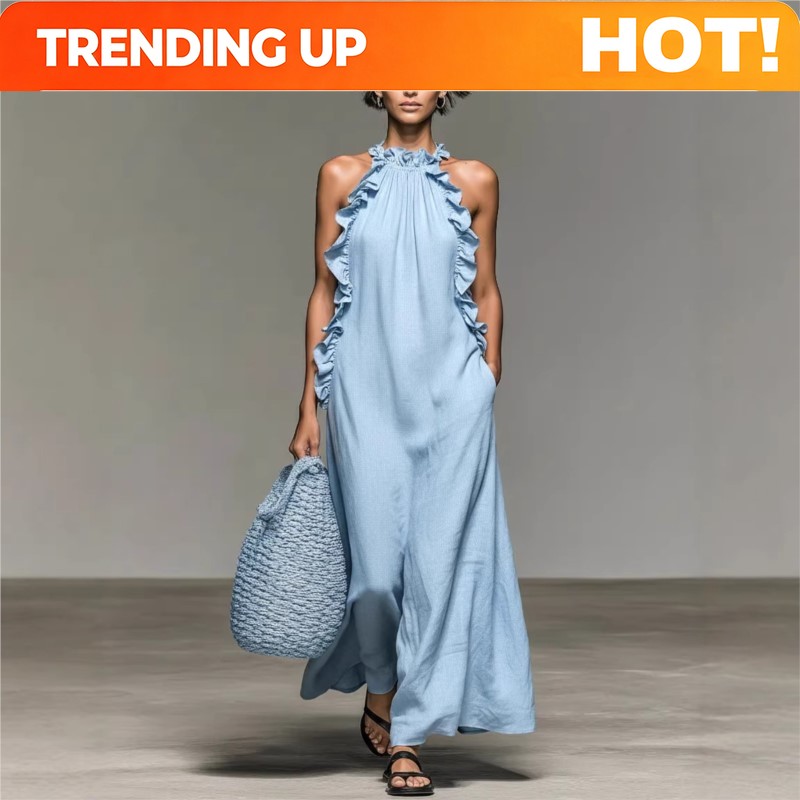 Maxi Dress Halter - Damska seksowna sukienka maxi z falbanami,