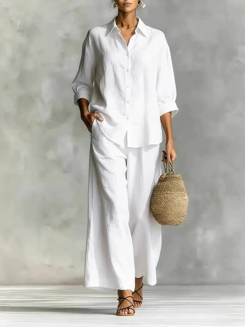 Damski nowy zestaw: koszula z  – Linen Pant Wide recenzja i cena